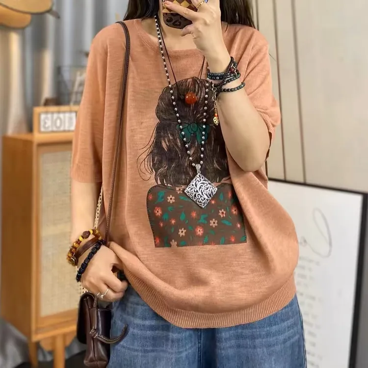 【竹节麻女孩短袖】文艺休闲夏季新款薄款宽松上衣女针织衫显瘦百搭