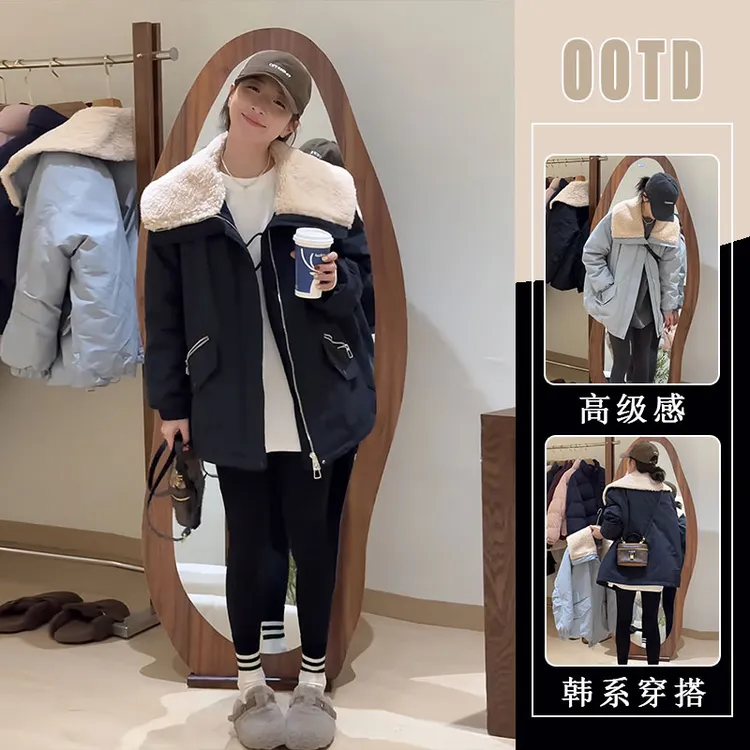 韩版时髦百搭洋气大翻领减龄设计派克服2025秋冬新款宽松加厚外套