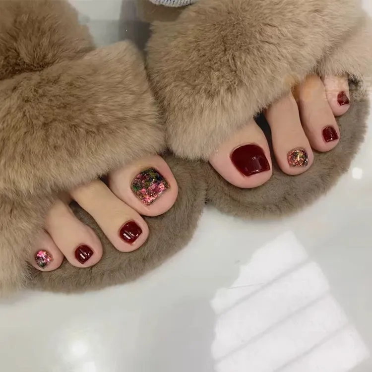 菲特手工定制美甲脚趾指 酒红亮闪细闪脚指甲片 穿戴甲可拆卸贴片