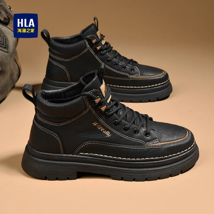 海澜之家男鞋秋季高帮英伦风厚底工装短靴户外休闲中帮黑色马丁靴