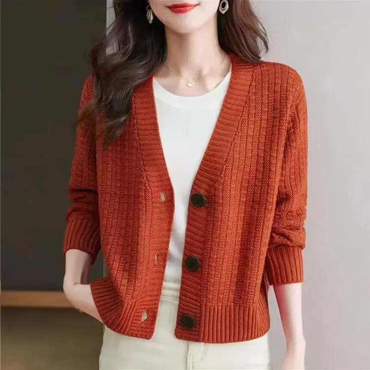 春秋新款长袖针织开衫女外搭洋气V领纯色配裙子短款毛衣外套女