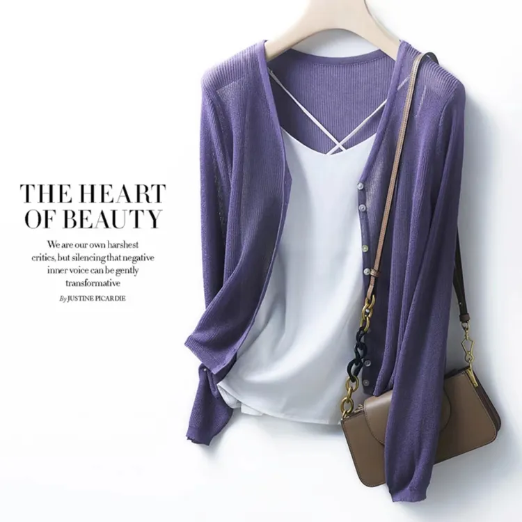 冰麻V领防晒开衫透气长袖薄短款披肩纯色外套百搭通勤薄款洋气