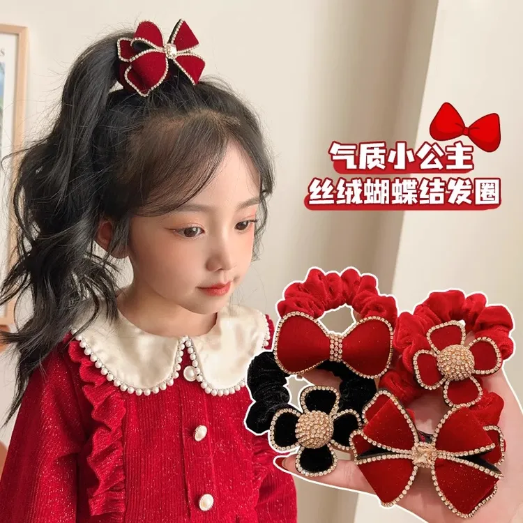 儿童蝴蝶结头绳红色丝绒发圈女童新年发绳发饰品女孩过年头饰
