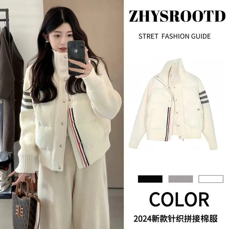 2024冬季新款小香风条纹针织长袖假两件外套女韩系拼接短款棉服