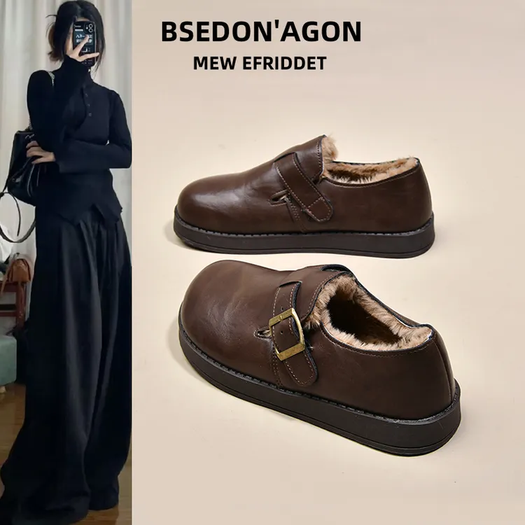 BSDE/步狮登厚底皮面勃肯鞋女冬季棉鞋黑色小皮鞋加绒加厚雪地靴