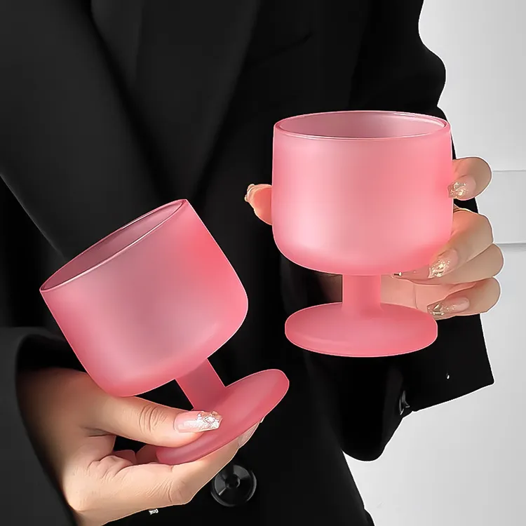 糖果中古杯子磨砂粉色鸡尾酒杯高脚杯红酒杯气泡水杯果汁饮料玻璃