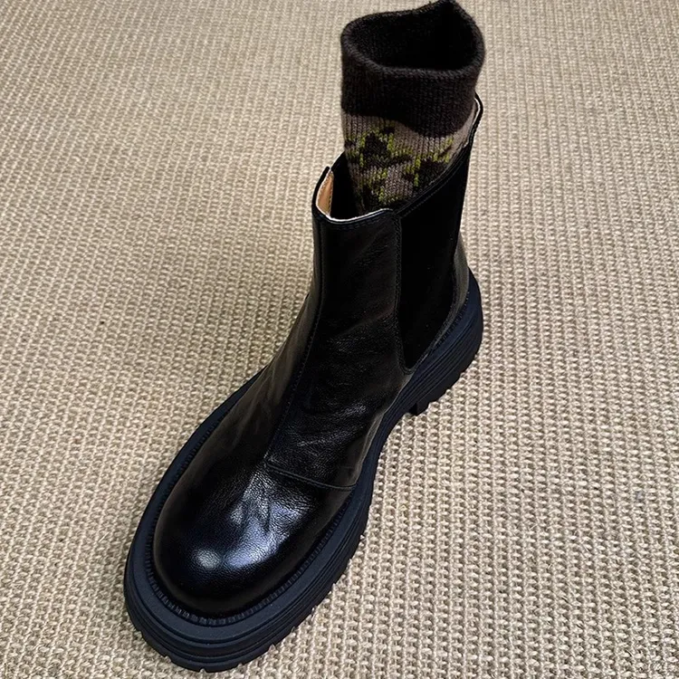 牛皮版！黑色切尔西靴女英伦风圆头粗跟短筒靴百搭显瘦厚底马丁靴