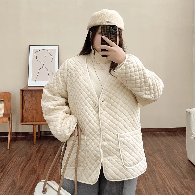 B3248【法式泡芙菱格】小香风外套200斤大码女气质显瘦保暖夹棉外套