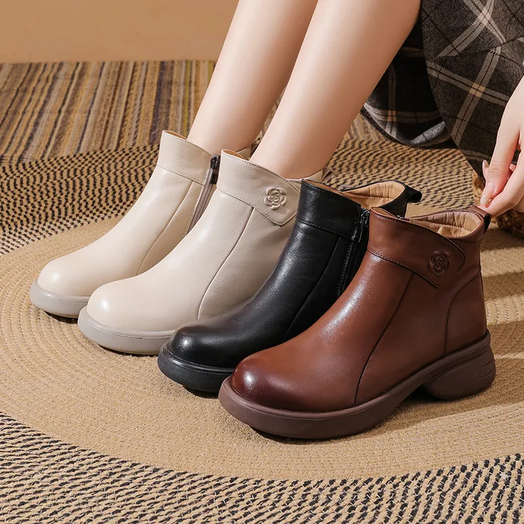 6621鸿舒适时尚真皮女鞋百搭加绒中年棉鞋防滑软底软面妈妈鞋