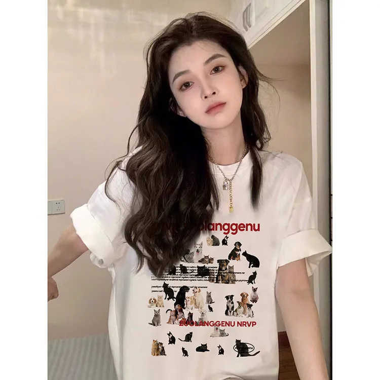 纯棉白色短袖T恤女夏季oversize动物图案印花潮牌半袖宽松上衣服