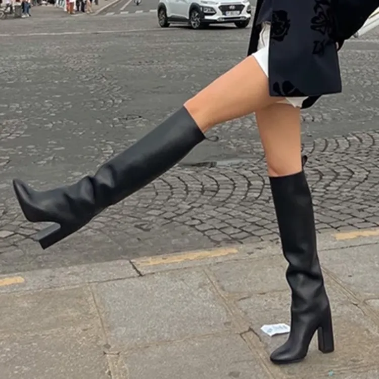 谷爱玲同款黑色高跟皮靴2025春秋新款粗跟不过膝长靴女显瘦骑士靴