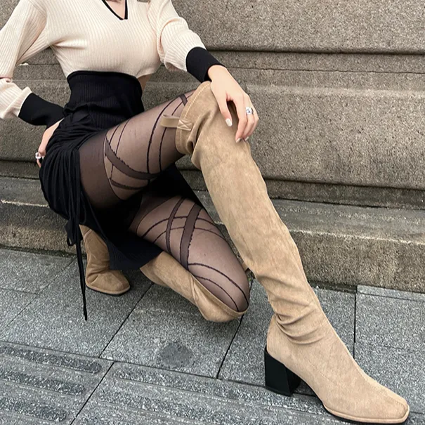 百搭过膝长靴女2025春秋时尚减龄方头粗跟弹力性感设计感瘦瘦靴