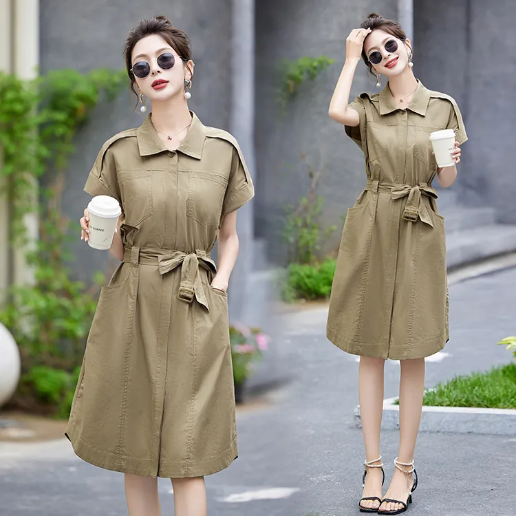 休闲衬衫连衣裙女2024年夏季新款高级感收腰显瘦气质翻领工装裙子