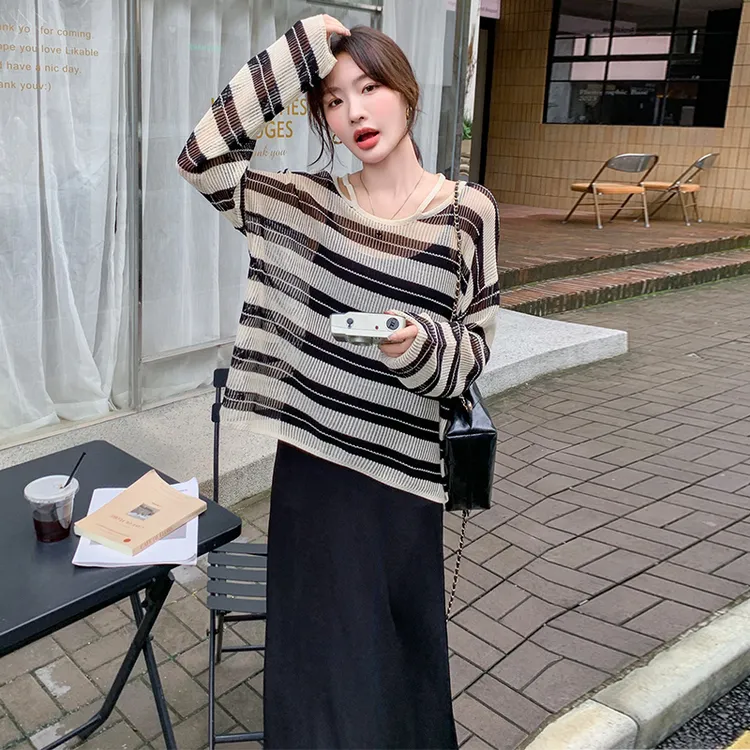 条纹法式长袖T恤套装裙女2024秋装新款宽松遮肉显瘦减龄半身裙子