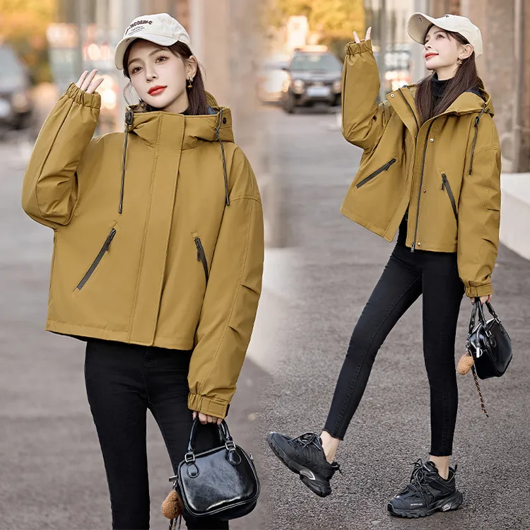 欧货连帽冲锋衣羽绒服女短款外套2024冬季新款小个子慵懒风派克服
