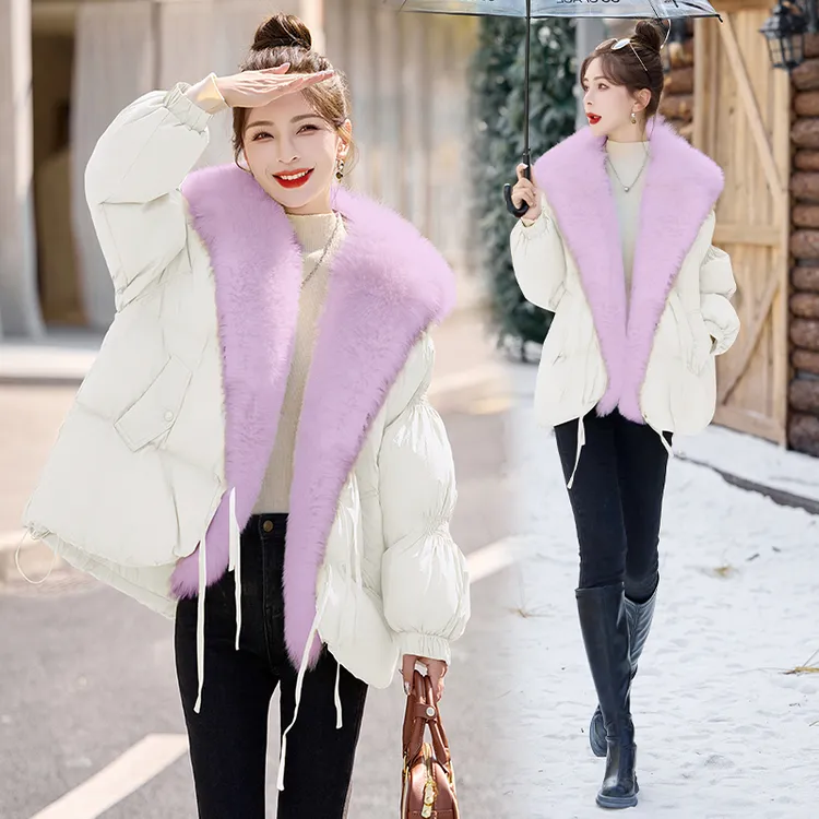 大毛领加厚短款羽绒服2024冬季新款时尚韩版高级设计感白鸭绒外套