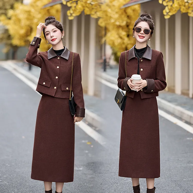 法式小香风翻领拼皮套装裙女洋气秋冬新款高级感气质半身裙两件套