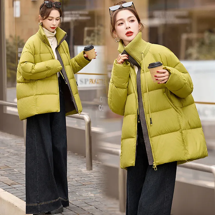 冬季面包泡芙羽绒服女2024冬装新款宽松立领拼接加厚白鸭绒外套潮