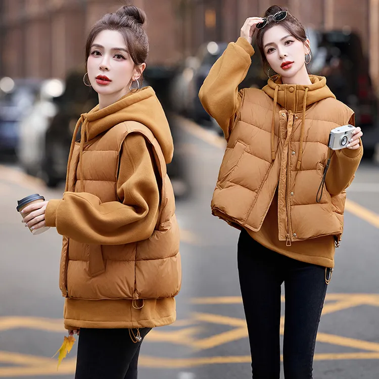 2024冬季新款宽松显瘦白鸭绒立领短款羽绒马甲加绒连帽卫衣两件套