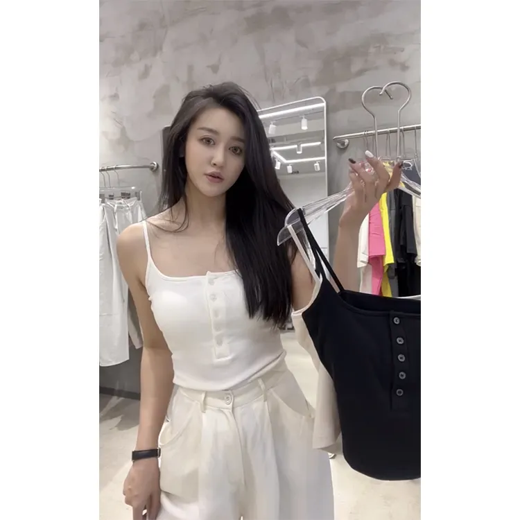2025夏季新款辣妹百搭显瘦外穿一体式纽扣吊带背心上衣女白色打底