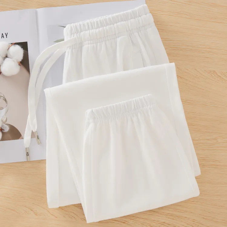 白色运动裤女夏季全棉纯棉宽松卫裤束脚高腰休闲裤九分垂感灯笼裤