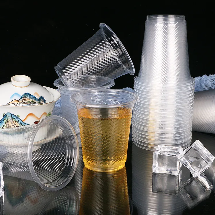 【源头工厂】一次性塑料杯230ML大号加厚型透明茶杯螺纹杯家用商用