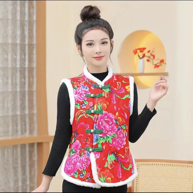 新冬季中式国风东北大花加绒马甲背心棉袄坎肩上衣洋气保暖马甲