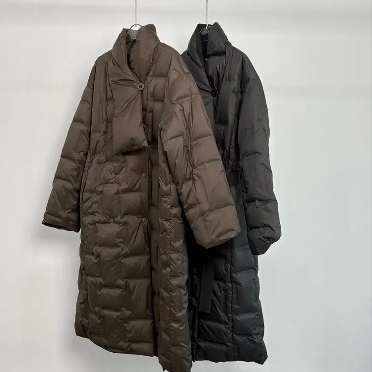 冬季新款正反两穿穿插领长款羽绒服腰带围巾领棉服保暖外套女