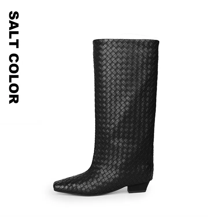 Saltcolor 复古方头编织宽松粗跟高筒靴女低跟一脚蹬长靴时尚百搭