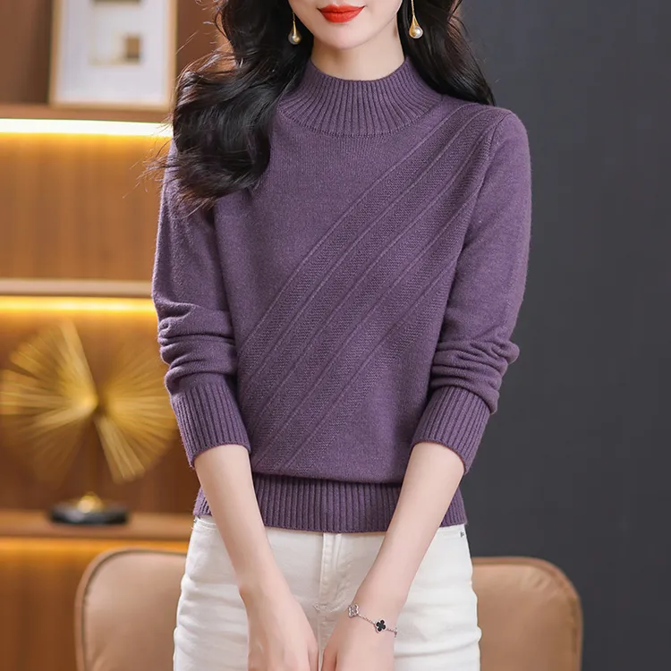 秋冬新款半高领长袖针织衫女宽松百搭毛衣优雅妈妈装洋气打底衫