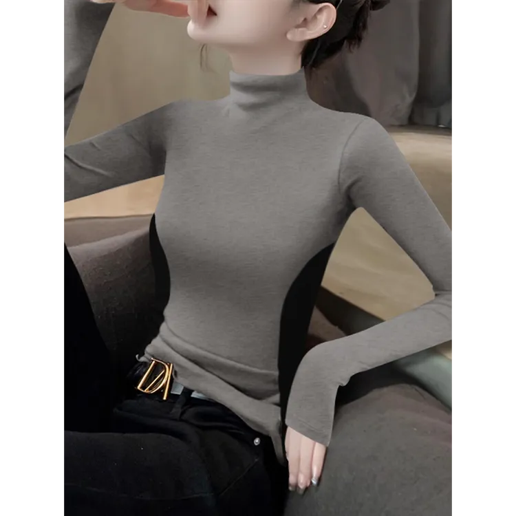 2025新款秋冬撞色半高领显瘦暗灰拼黑设计感打底衫内搭女t恤长袖