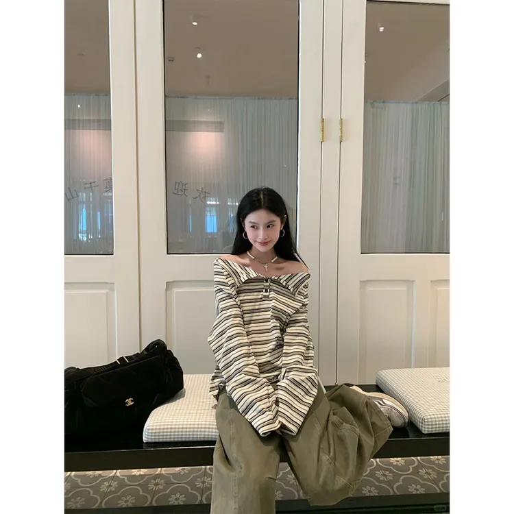 韩版慵懒风气质宽松显瘦翻领设计感条纹上衣女时尚高腰垂感阔腿裤