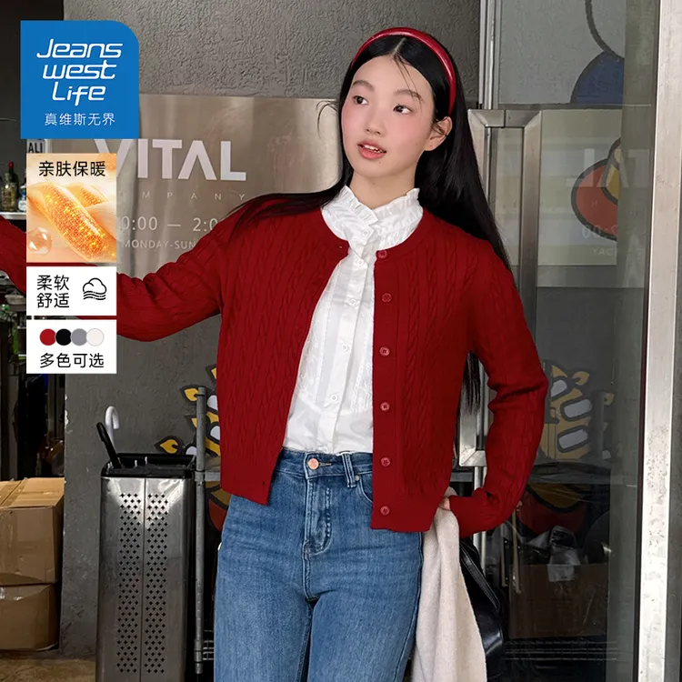 真维斯无界安哥拉红格雷系绞花针织开衫女2025秋新款休闲时尚毛衣