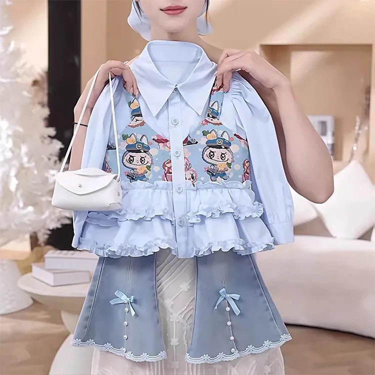 女童早秋拉布布衬衫微喇叭裤套装2025新款春秋款假两件上衣牛仔裤