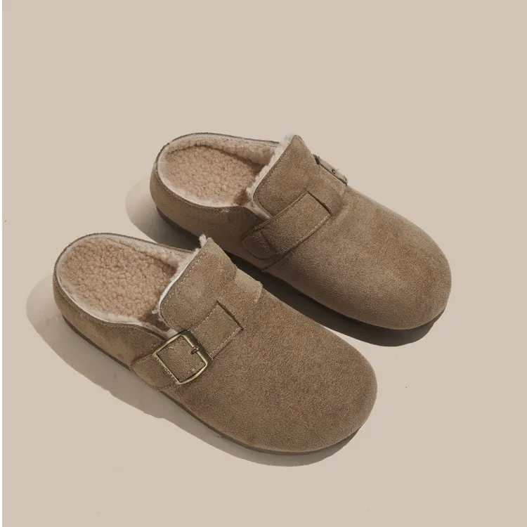 厚底加绒勃肯鞋包头半拖棉拖鞋外穿女2025新款冬季一脚蹬毛毛拖鞋