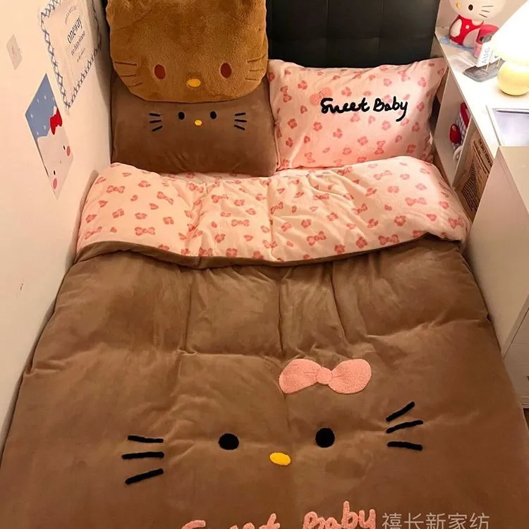 奶呼呼黑皮猫猫牛奶绒保暖四件套卡通少女心被套珊瑚绒床单三件套