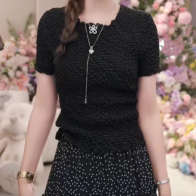 泡泡纱设计感褶皱弹力短袖T恤女春夏季2025新款休闲时尚显瘦上衣