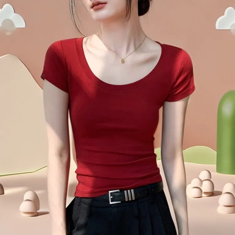 低领T恤短款2025显瘦新款修身紧身正肩百搭上衣打底衫女内搭衣服