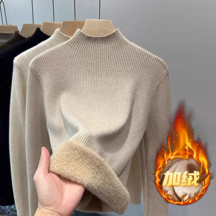 3557秋冬一体绒加绒半高领上衣针织衫秋冬季洋气新款保暖打底衫