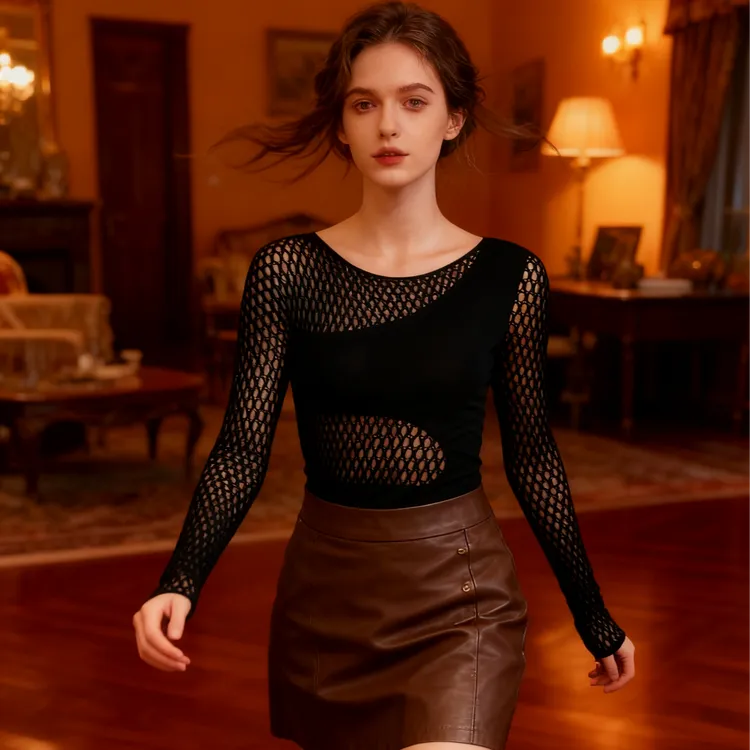 美式辣妹时尚镂空设计黑色长修复古气质连体衣上衣女薄款辣妹风