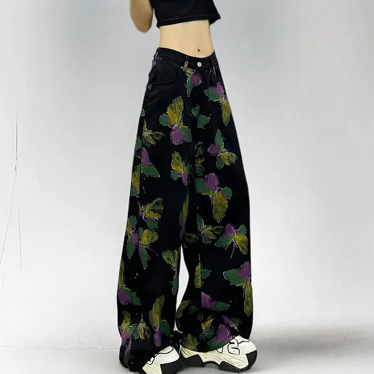 美式复古个性拼色蝴蝶装饰黑色牛仔裤女高腰显瘦宽松直筒阔腿长裤