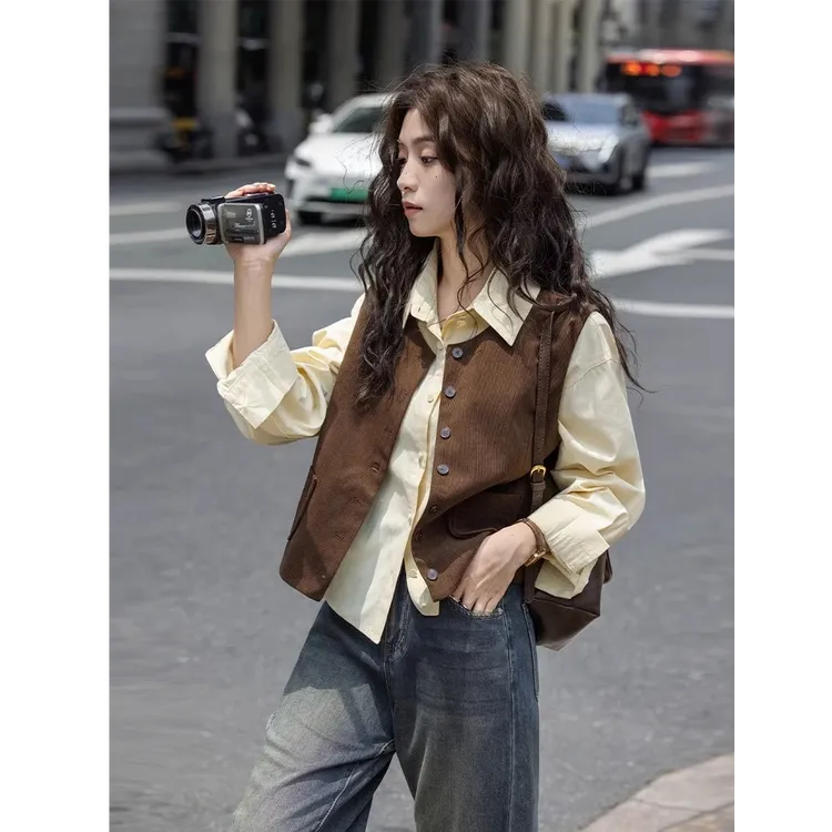 2025春季新款韩系穿搭高级感黄色衬衫咖色马甲牛仔裤显瘦三件套女