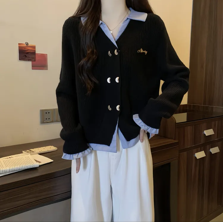 拼接假两件开衫上衣女秋冬大码遮肉设计感秋冬针织长袖宽松百搭