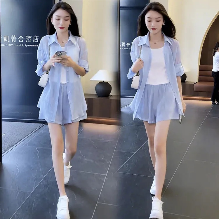 高级感防晒套装女2025年夏季新款洋气宽松减龄休闲衬衣短裤两件套