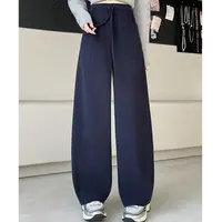 高腰松紧腰阔腿裤纯色口袋休闲裤休闲宽松小个子时尚