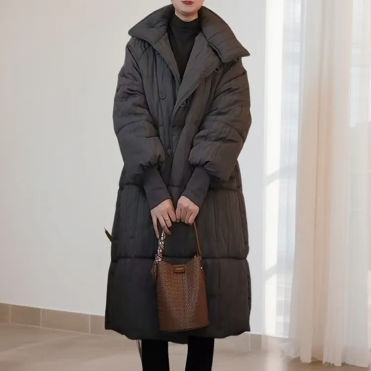 风琴褶立领女士宽松加厚保暖冬季时尚洋气气质长款棉服百搭抗皱