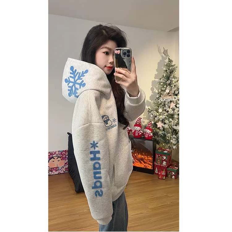 HandSeven美式圣诞小雪人重磅连帽卫衣秋冬雪花撞色情侣保暖上衣