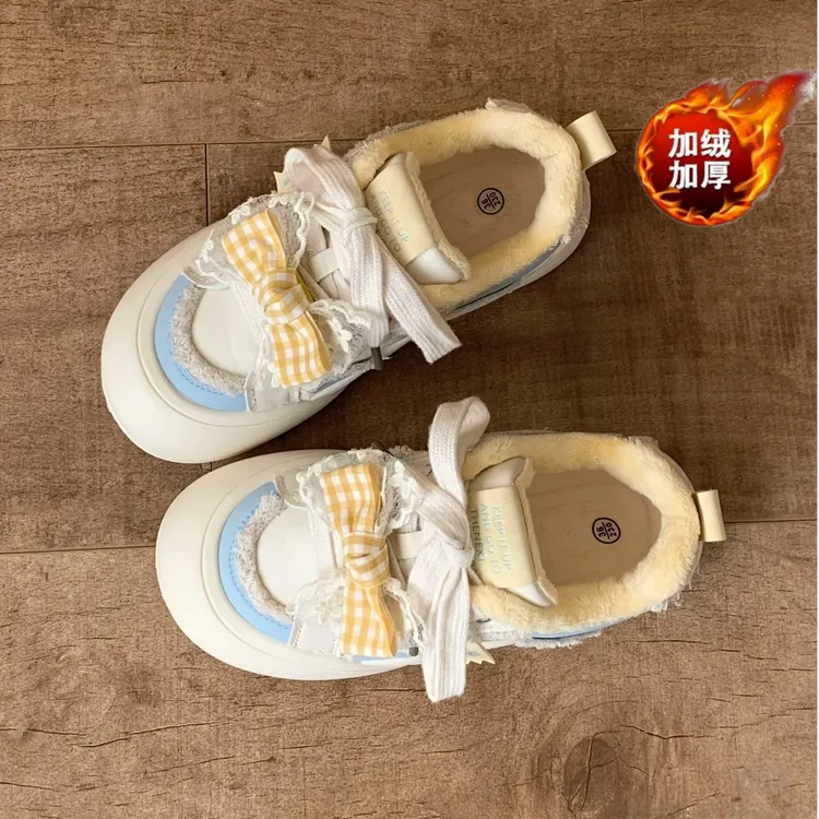 如奕-蝴蝶结加绒保暖大头板鞋女款百搭厚底小白鞋学生休闲面包鞋
