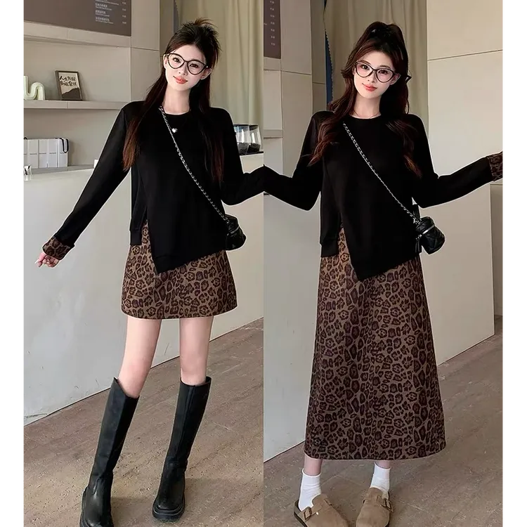 大码胖mm设计感不规则开叉显瘦上衣女秋季高腰复古豹纹半身裙套装