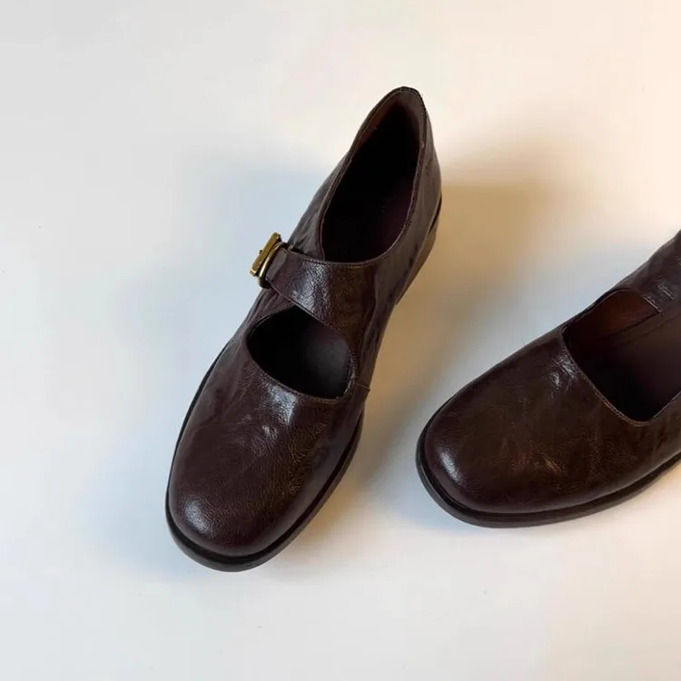 羊皮版~复古黑色通勤玛丽珍鞋女圆头粗跟软皮百搭一字扣带小皮鞋